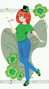 Anime girl in green shirt with shamrock - vector clip art