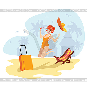 Anime girl in orange swimsuit on beach - vector clip art