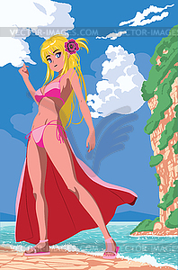 Прибрежная бухта и аниме-девушка в бикини днем - векторный клипарт / векторное изображение
