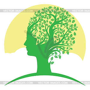 Green tree with female head silhouette - vector clip art