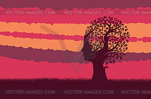 Tree with female head and grass at sunset - vector clipart