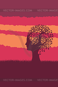 Tree with female head and grass at sunset - vector image