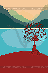 Lake in mountains and tree - vector image