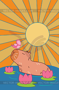 Capybara with bird and sun - vector clip art