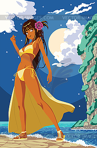 Coast bay and anime bikini girl at night - vector EPS clipart