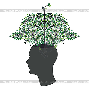 Tree with green leaves on human head - color vector clipart