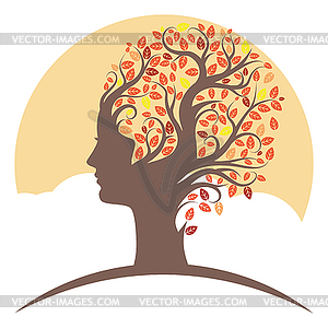 Autumn tree with female head silhouette - vector clipart