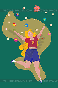 Девушка, прыгающая с цветами - клипарт в формате EPS