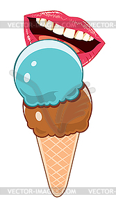 Ice cream cone and lips - vector clipart