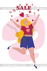 Прыгающая девушка с сердечками и рекламным словом - векторное изображение EPS