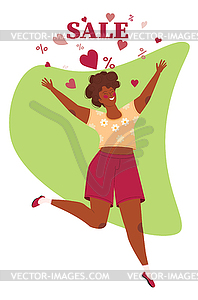 Jumping girl with hearts and sale word - vector image