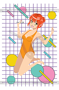 Anime girl in orange swimsuit - vector clipart