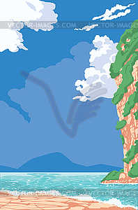 Побережье, залив и гора днем - векторное графическое изображение