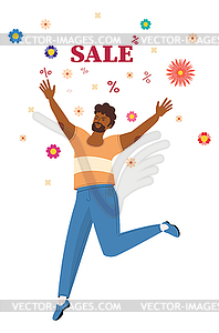 Man jump with word sale and flowers - vector image