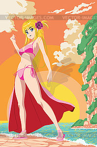 Coast bay and anime bikini girl at sunset - vector image