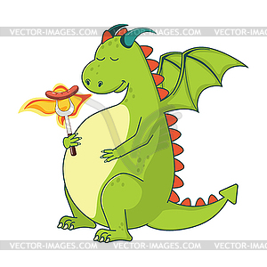 Green dragon with roasted sausage - vector image