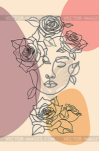 Line art girl face with roses and shapes - vector image