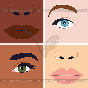Eyes and lips on different skin tone - vector clipart