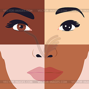 Eyes and lips on different skin tone - vector clip art