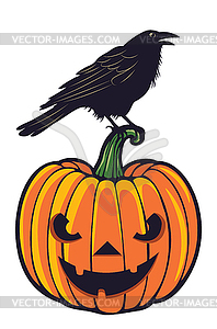 Big orange Halloween pumpkin with crow - vector clip art
