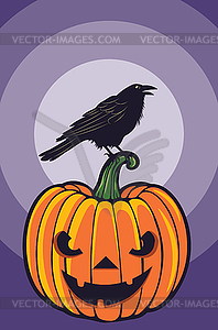 Big orange Halloween pumpkin with crow - vector image