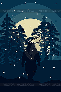 Bigfoot walk in forest - vector clipart