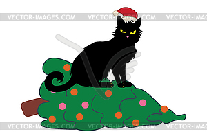 Black cat knocks down Christmas tree - vector clipart / vector image
