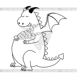 Black white dragon with roasted meat - white & black vector clipart