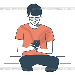 Boy in orange shirt read of smartphone screen - vector clip art