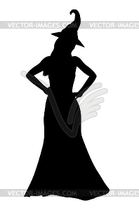 Silhouette of witch in long dress - white & black vector clipart