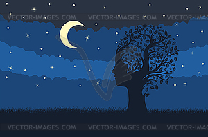 Tree with female head and grass at night - vector clip art