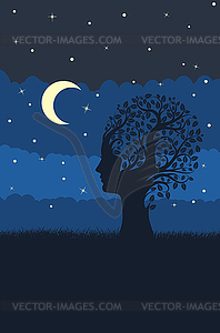 Tree with female head and grass at night - vector image