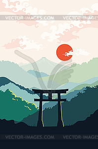 Mountains and Torii gate minimalism - vector clip art