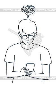 Boy read of smartphone screen line art - vector clip art