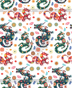 Dragon and flowers pattern - vector clipart