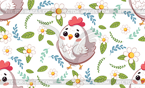 Cartoon chicken with flowers pattern - vector image