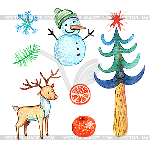 Watercolor christmas elements set - royalty-free vector clipart