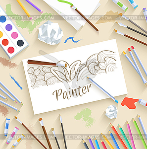 Flat art painter workshop with paint supplies - vector clipart