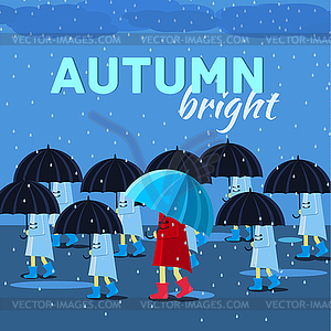 Girl and boy with umbrella in autumn raining day - vector image