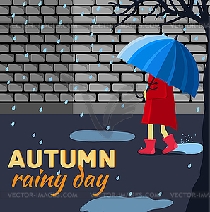 Girl and boy with umbrella in autumn raining day - vector clipart