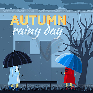 Girl and boy with umbrella in autumn raining day - vector clipart / vector image