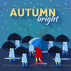 Girl and boy with umbrella in autumn raining day - vector image