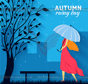 Girl and boy with umbrella in autumn raining day - vector clipart