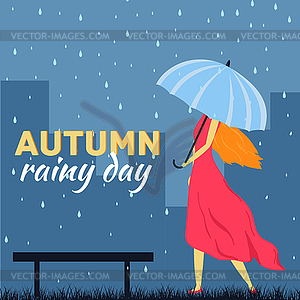 Girl and boy with umbrella in autumn raining day - color vector clipart