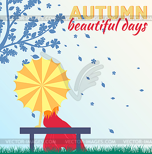 Girl and boy with umbrella in autumn raining day - vector clip art