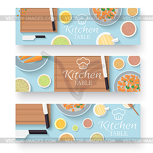 Flat kitchen table for cooking in house banners - vector clipart