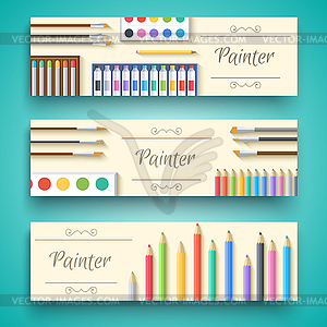 Flat art painter workshop with paint supplies - vector clip art