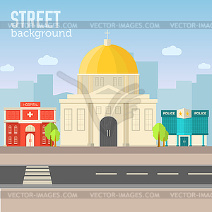 Church building in city space with road on flat syl - vector image