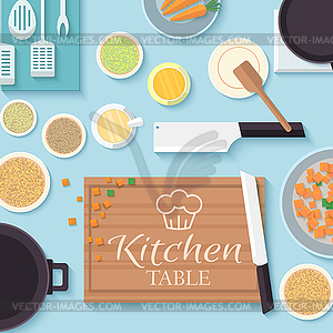 Flat kitchen table for cooking in house desi - vector clipart