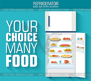 Flat fridge full of many food background concept. - vector image